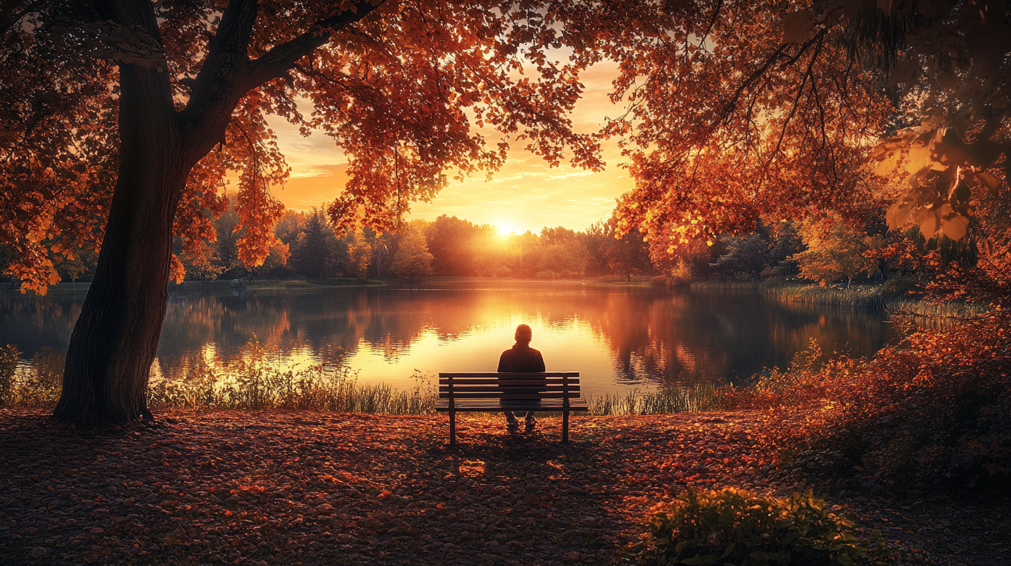 A person sits on a bench by a lake, surrounded by autumn trees with vibrant orange and red leaves. The sun is setting on the horizon, casting a warm glow over the scene and reflecting on the water.