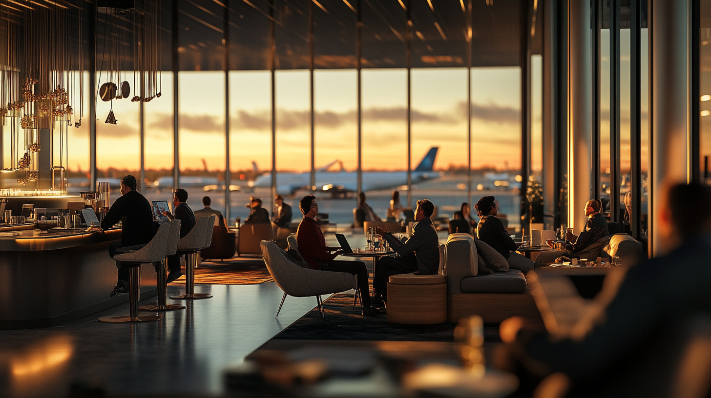 The image shows a modern airport lounge with people sitting and working on laptops or conversing at tables. The lounge has a sleek design with a bar area on the left. Large windows provide a view of the airport runway, where planes are visible against a sunset sky, casting a warm glow throughout the space.