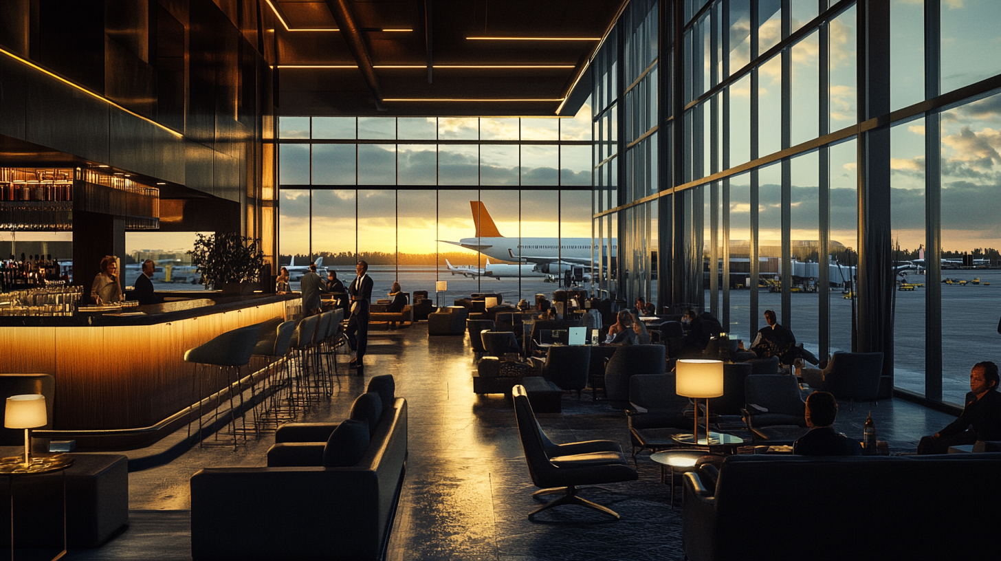 The image shows a modern airport lounge with large floor-to-ceiling windows overlooking the runway. Inside, there are people sitting on comfortable chairs and sofas, some working on laptops or talking. A bar area is visible on the left, with a bartender serving drinks. Outside, an airplane is parked on the tarmac, and the sun is setting, casting a warm glow throughout the lounge.