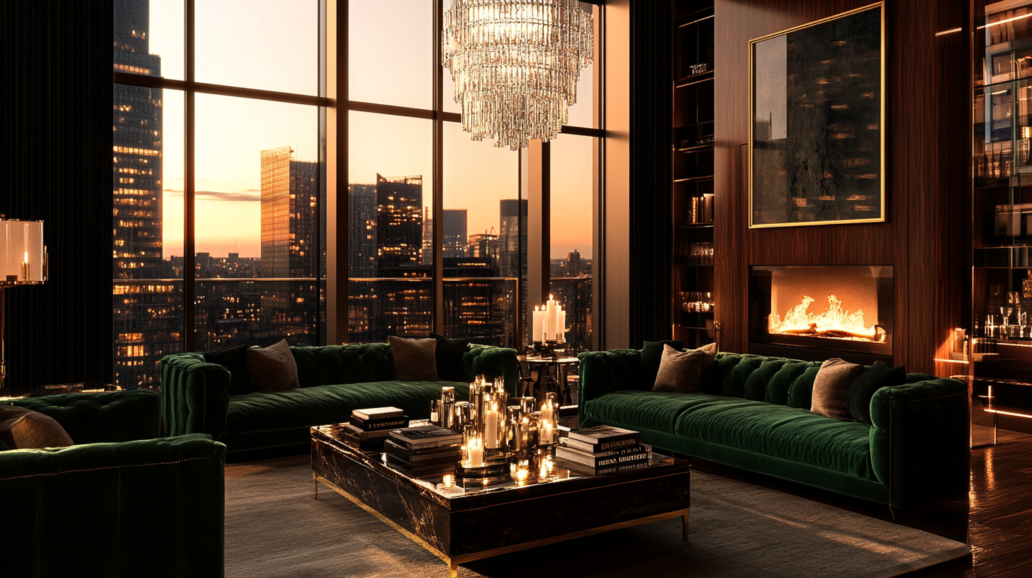 A luxurious living room with large floor-to-ceiling windows showcasing a city skyline at sunset. The room features dark green velvet sofas arranged around a black marble coffee table adorned with numerous lit candles. A grand chandelier hangs from the ceiling, and a modern fireplace is set into a wooden wall, above which is a large abstract painting. The ambiance is warm and elegant, with soft lighting enhancing the sophisticated decor.