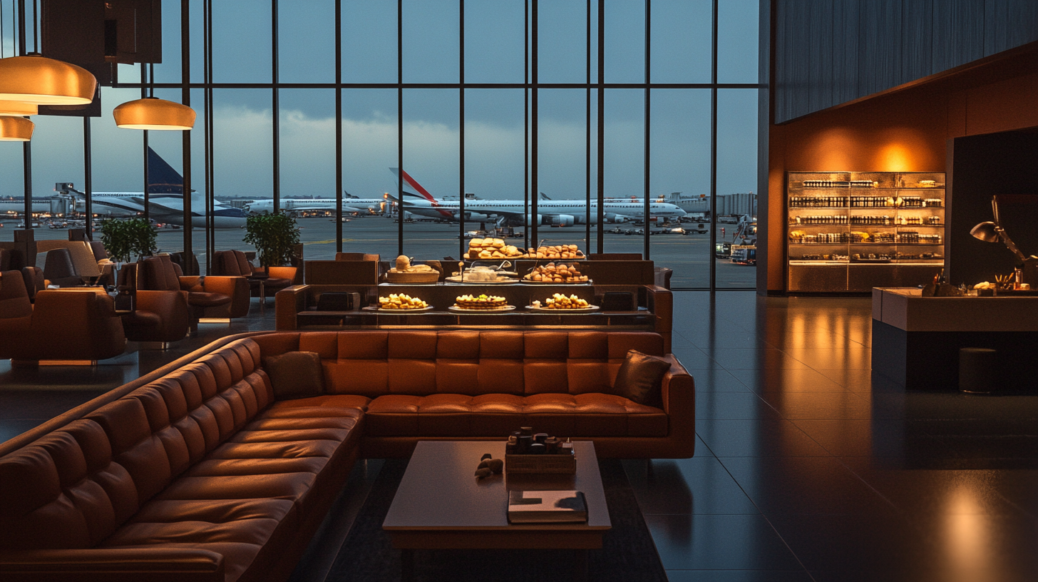 The image shows a luxurious airport lounge with leather seating and a view of the runway through large windows. There are several airplanes visible outside. Inside the lounge, there are tables with a variety of food items, and a well-lit display shelf with bottles and other items. The atmosphere is warm and inviting, with soft lighting and modern decor.