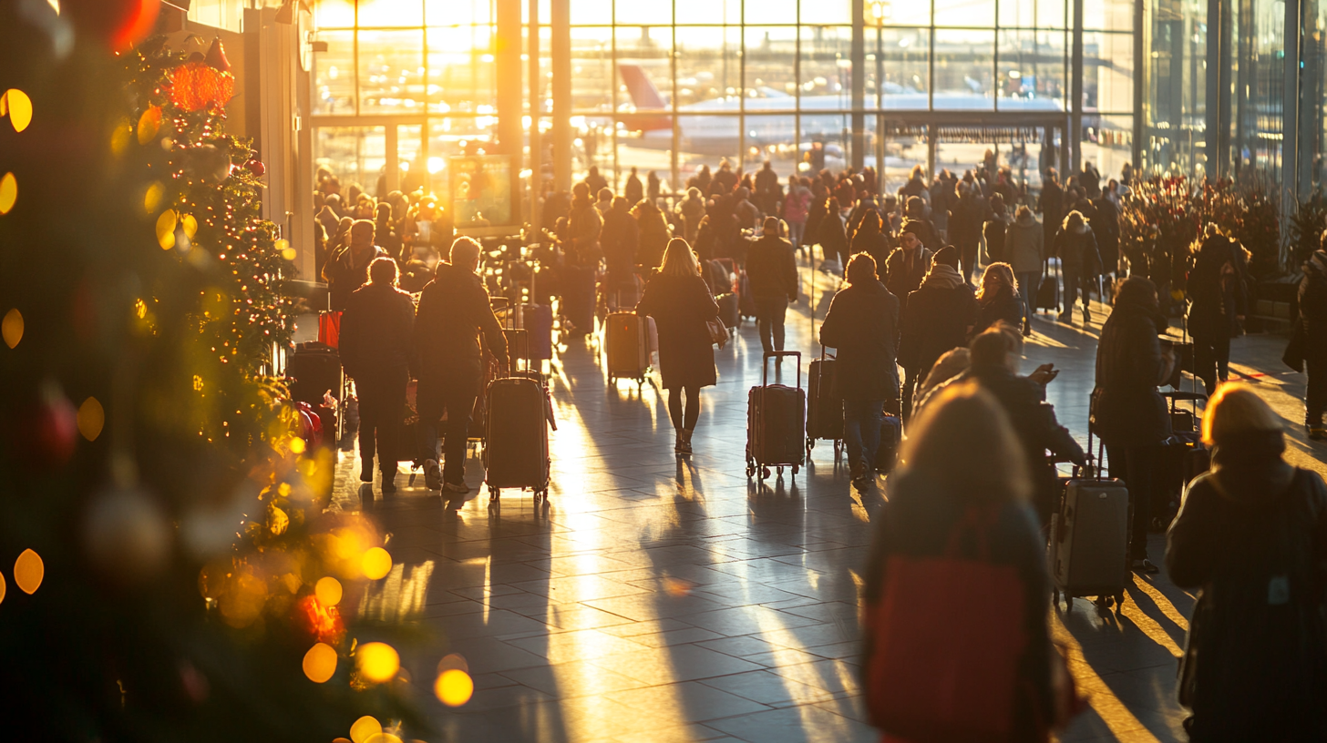 A busy airport terminal with many travelers walking and pulling suitcases. The sun is setting, casting long shadows on the floor. A decorated Christmas tree with lights and ornaments is visible on the left side, adding a festive atmosphere. An airplane can be seen through the large windows in the background.