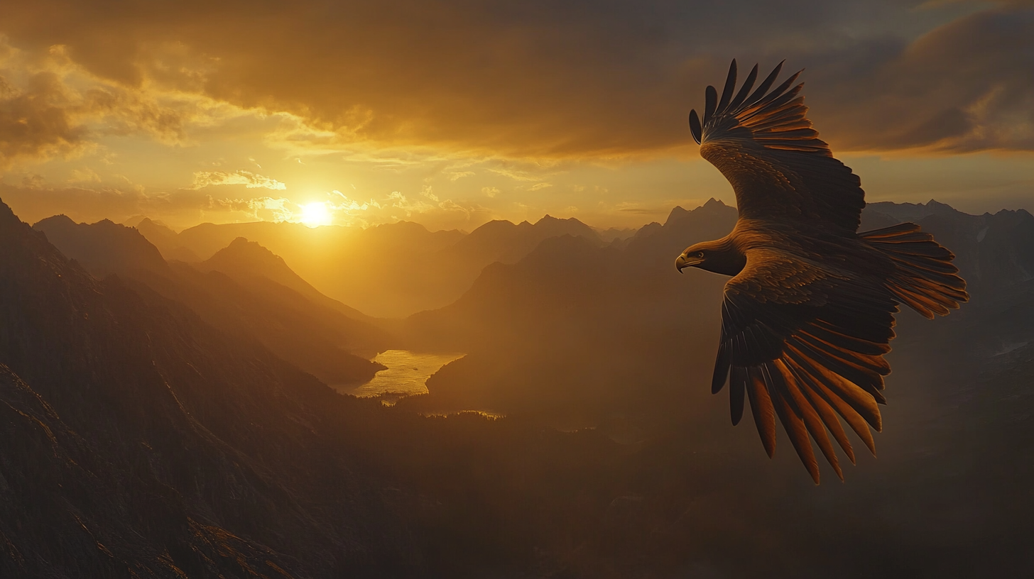 A majestic eagle is soaring through the sky during a dramatic sunset over a mountainous landscape. The sun is setting on the horizon, casting a warm golden glow over the scene, with clouds partially covering the sky. The mountains and a body of water are visible below, creating a serene and picturesque view.