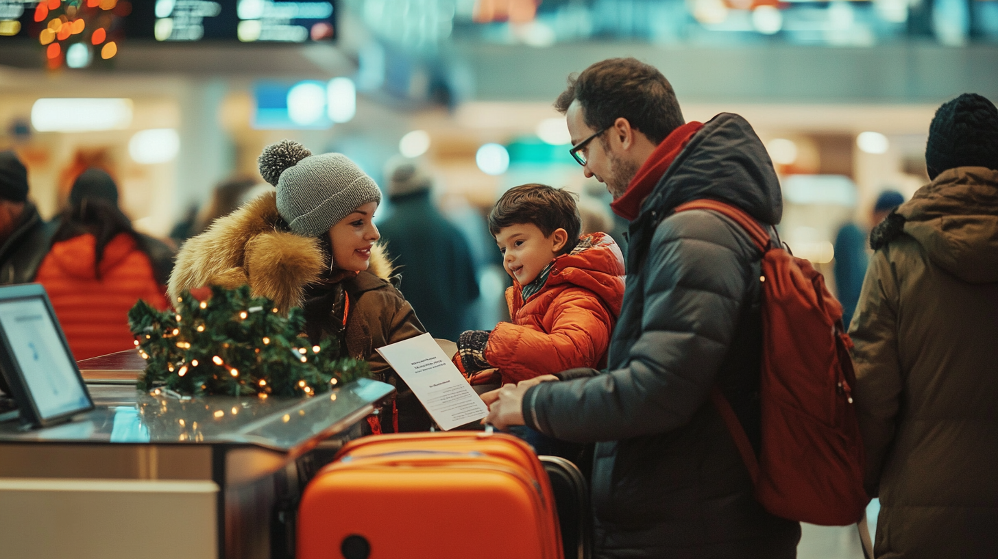 A family is at an airport check-in counter. A man is holding a document and talking to a woman and a child. The woman is wearing a winter coat with a fur hood and a gray beanie, while the child is in an orange jacket. There are orange suitcases on the counter, which is decorated with a small garland of Christmas lights. The background shows a busy airport terminal with people and information screens.