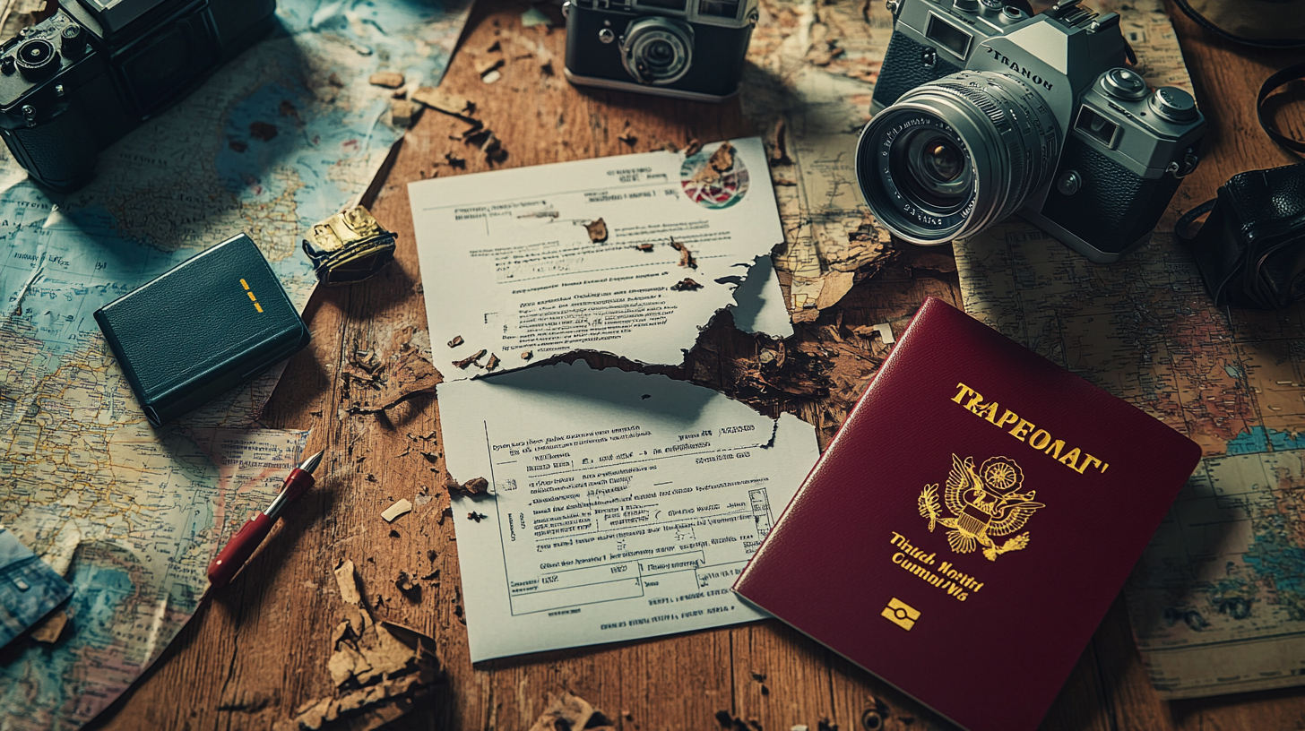 The image shows a wooden table covered with a map, several vintage cameras, a red passport with gold lettering, a torn document, a small black wallet, a gold watch, and a red pen. The scene suggests themes of travel and exploration.