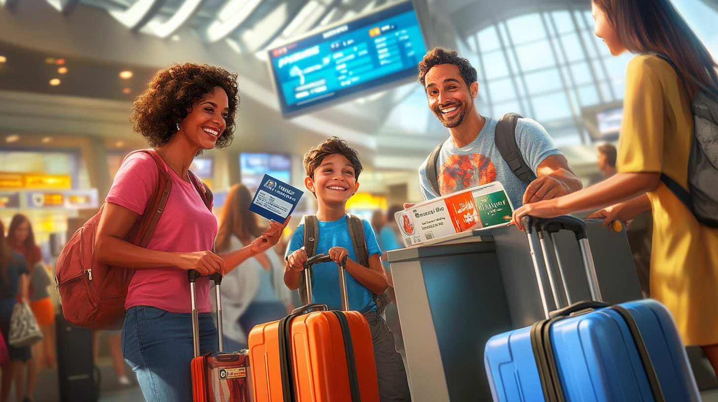 A family of three is at an airport, smiling and holding travel documents. The mother, wearing a pink shirt, holds a boarding pass and an orange suitcase. The father, in a gray shirt, has a backpack and holds passports. The child, wearing a blue shirt, stands between them with a small orange suitcase. The background shows a busy airport terminal with a flight information board.