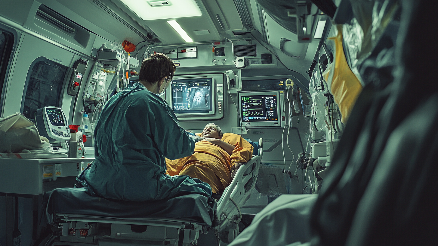 A medical professional is attending to a patient lying on a stretcher inside an ambulance. The patient is covered with a yellow blanket. The interior is equipped with medical monitors displaying vital signs and other medical equipment. The scene is well-lit, highlighting the urgency and care in a medical emergency setting.