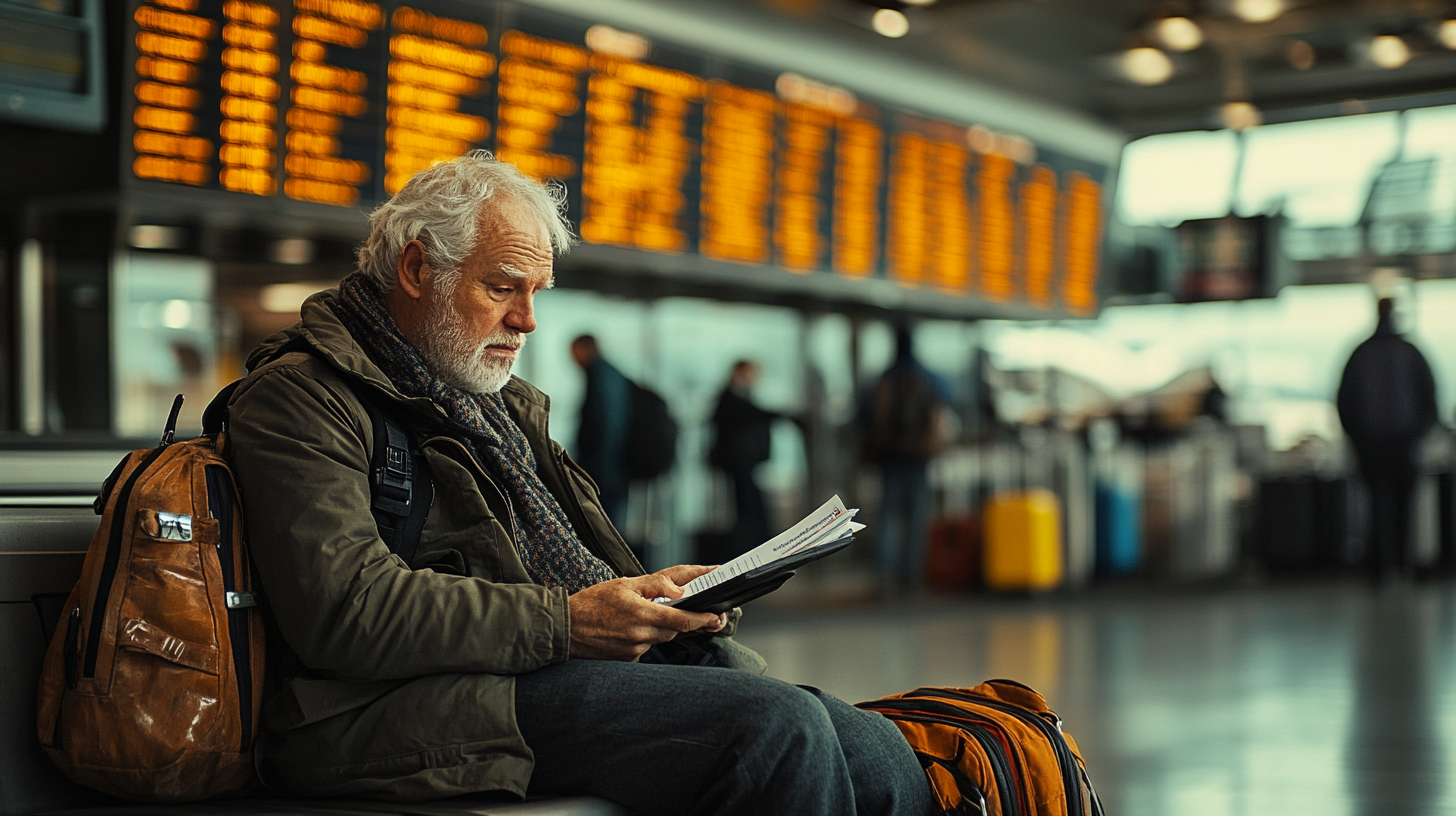 An older man with white hair and a beard is sitting in an airport terminal, reading a document. He is wearing a scarf and a jacket, with a brown backpack beside him. In the background, there is a large electronic flight information board displaying departure times, and several people are visible, some with luggage. The setting is bright and modern.