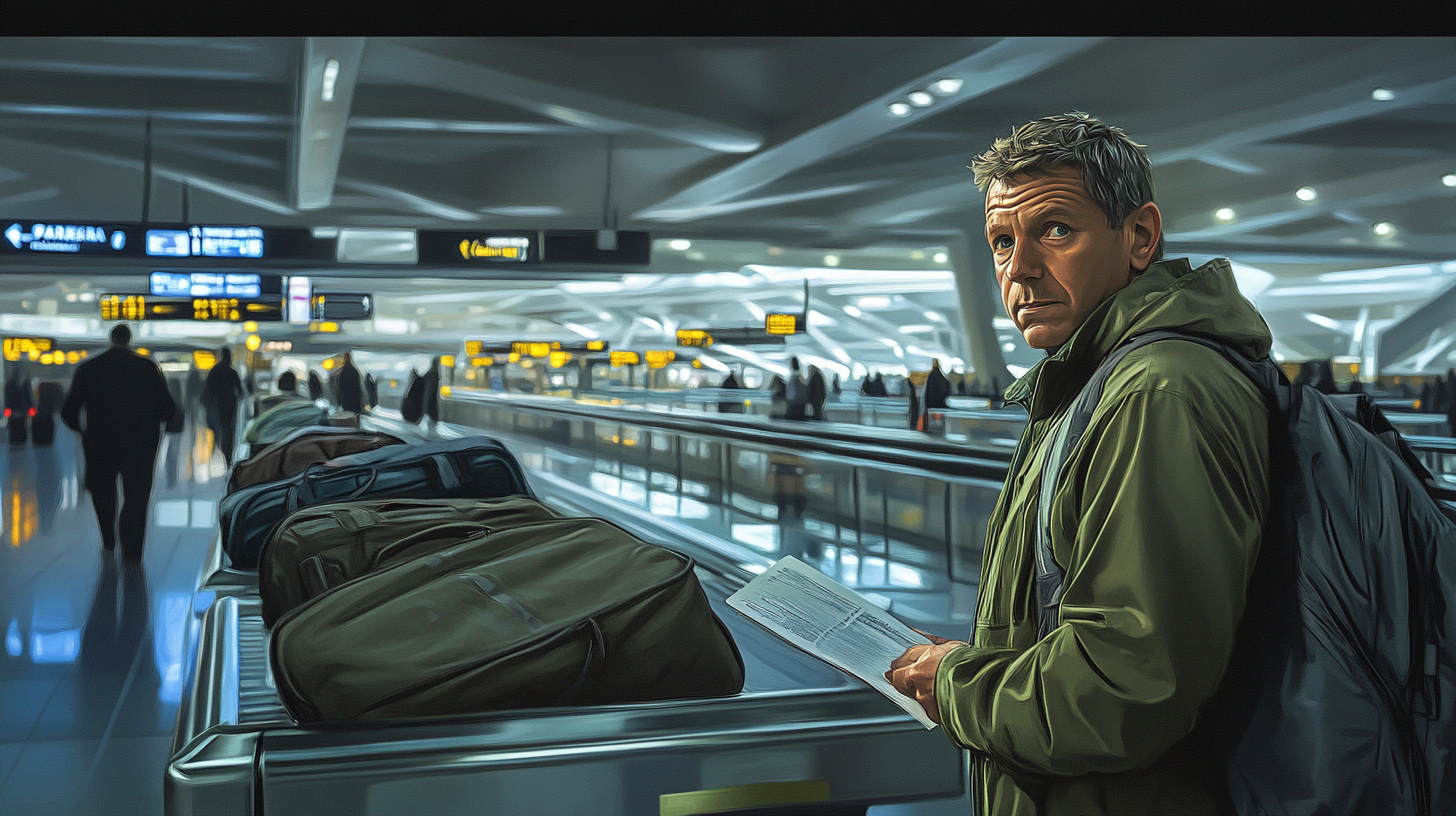 The image depicts a man in a green jacket standing in an airport terminal. He is holding a piece of paper and has a backpack on his shoulder. In the background, there are people walking and several pieces of luggage on a conveyor belt. The terminal is well-lit with signs displaying flight information.