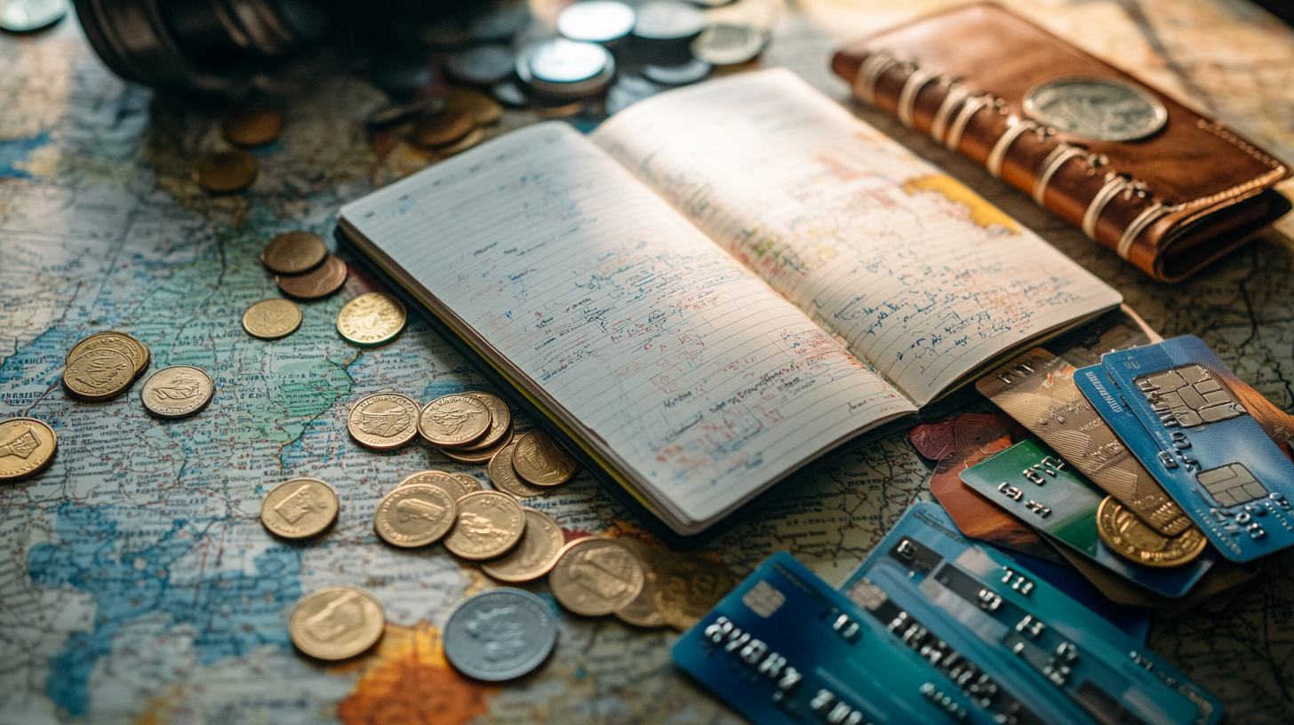 The image shows an open notebook with handwritten notes, surrounded by scattered coins and several credit cards. The items are placed on a map, suggesting themes of travel or financial planning. A leather wallet is also visible in the background.