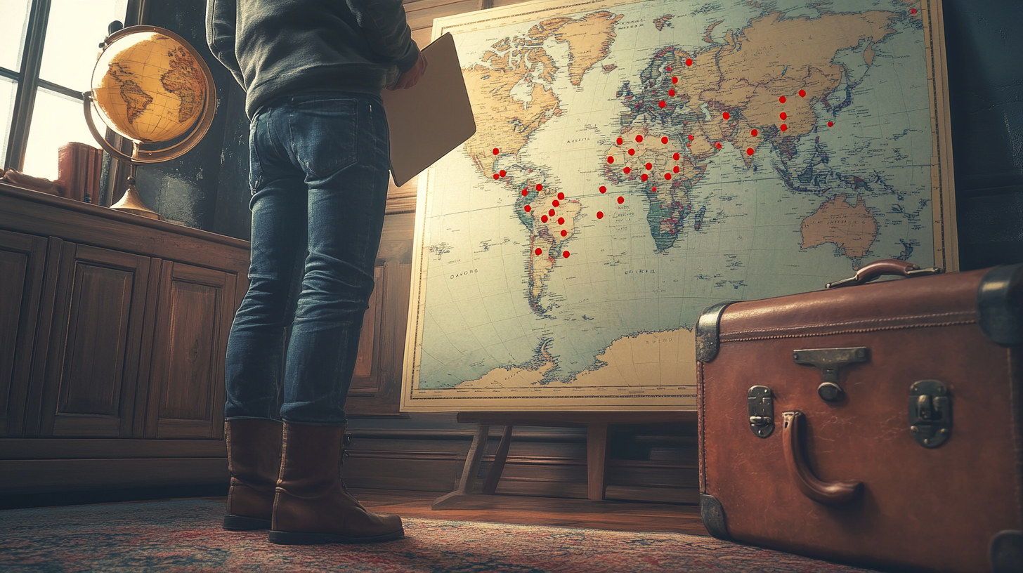 A person stands in front of a large world map on an easel, holding a folder. The map has numerous red pins marking various locations. To the left, there is a globe on a wooden cabinet, and to the right, a vintage leather suitcase is on the floor. The setting appears to be a study or office with a warm, vintage aesthetic.