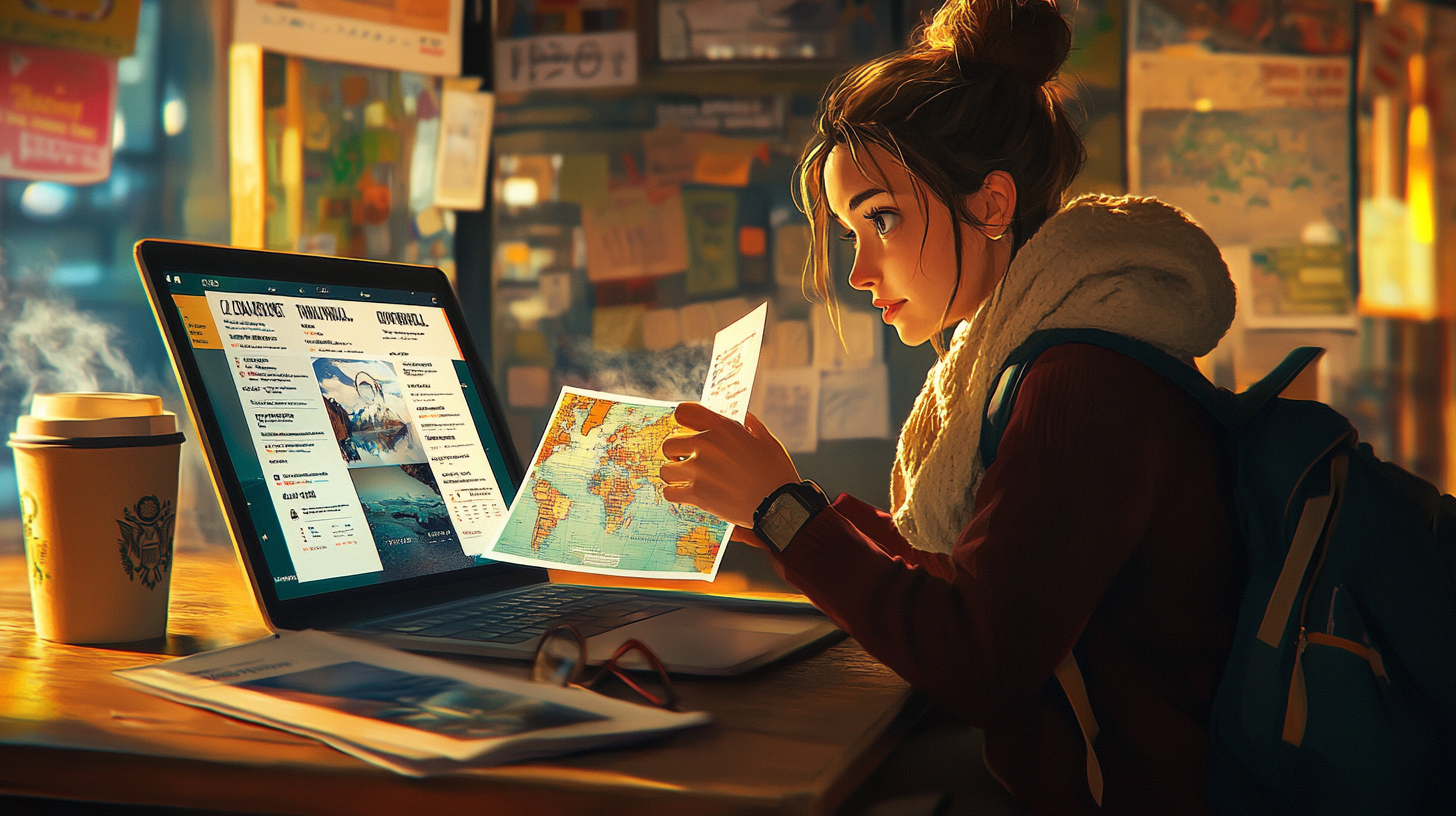 A young woman is sitting at a table in a cozy, warmly lit room. She is looking at a world map while holding a piece of paper. In front of her is an open laptop displaying travel-related content. A steaming cup of coffee is on the table, along with a pair of glasses. She is wearing a scarf and has a backpack, suggesting she is planning a trip. The background is filled with various posters and notes on the wall.