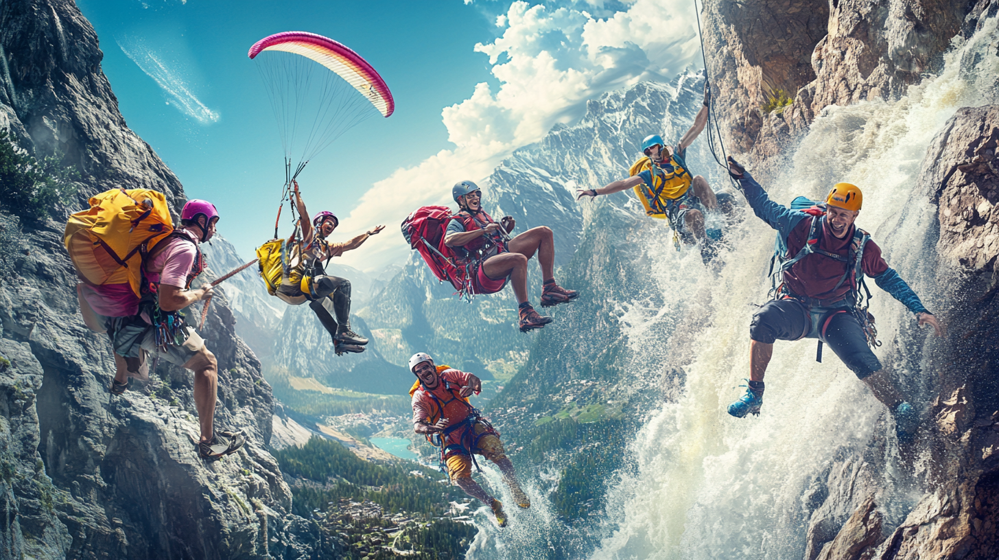 A group of adventurous people are engaged in extreme sports on a rocky mountain. Some are paragliding, while others are climbing and rappelling down a waterfall. They are wearing helmets and harnesses, and the scene is set against a backdrop of rugged mountains and a clear blue sky.