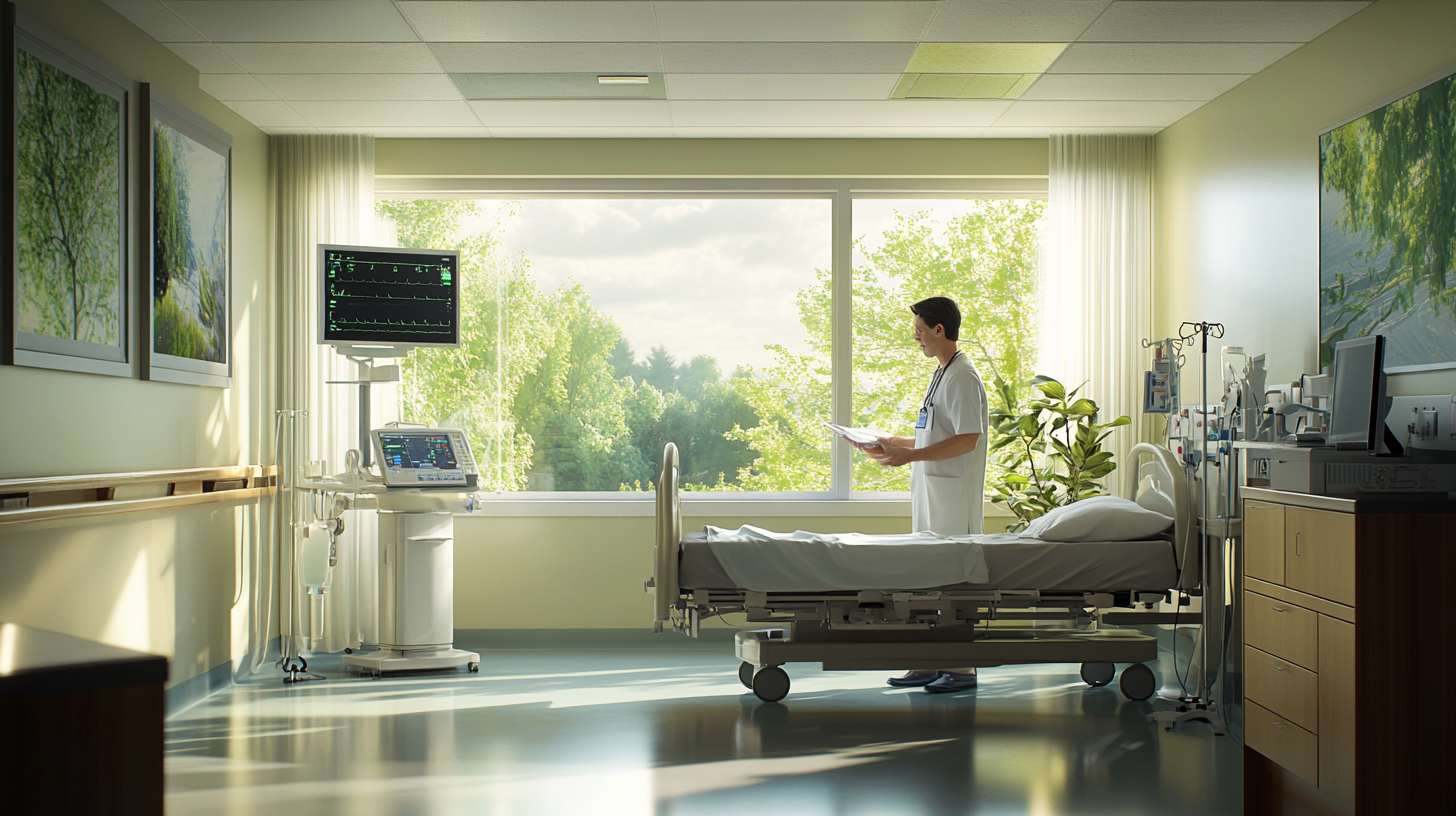 A hospital room with a bed and medical equipment, including a monitor displaying vital signs. A healthcare professional in a white coat is standing near the bed, holding a clipboard. The room has large windows with a view of green trees outside, and there are framed pictures on the walls.