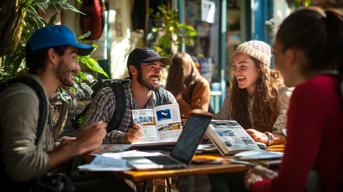 A group of four young adults is sitting around a table in a cozy, plant-filled café. They are smiling and laughing while looking at travel brochures and a laptop. The atmosphere is relaxed and friendly, suggesting they are planning a trip or discussing travel ideas.