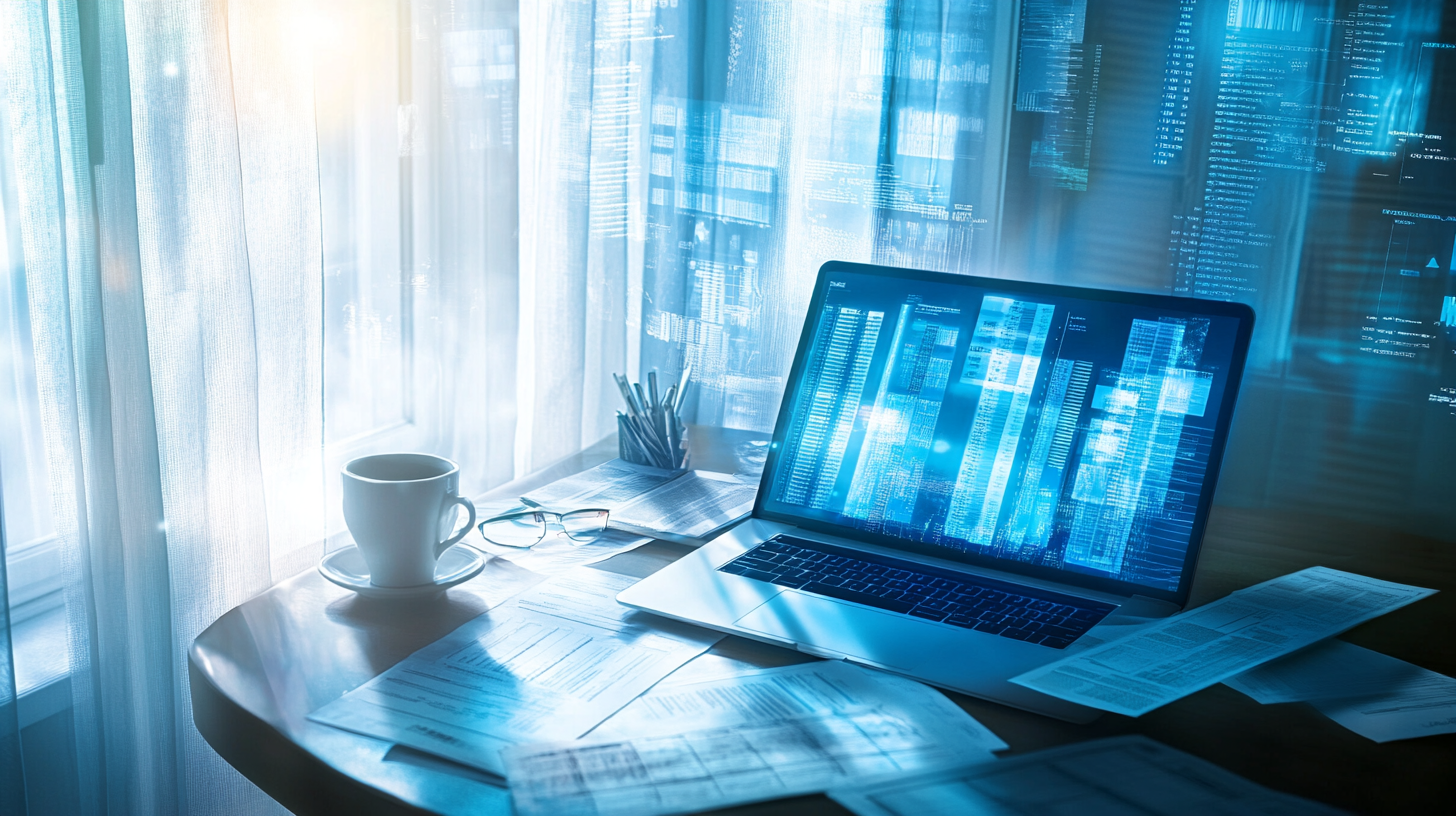 A laptop displaying data and charts is on a desk, surrounded by papers, a pair of glasses, and a cup of coffee. The scene is illuminated by soft natural light coming through sheer curtains, creating a calm and focused workspace atmosphere.