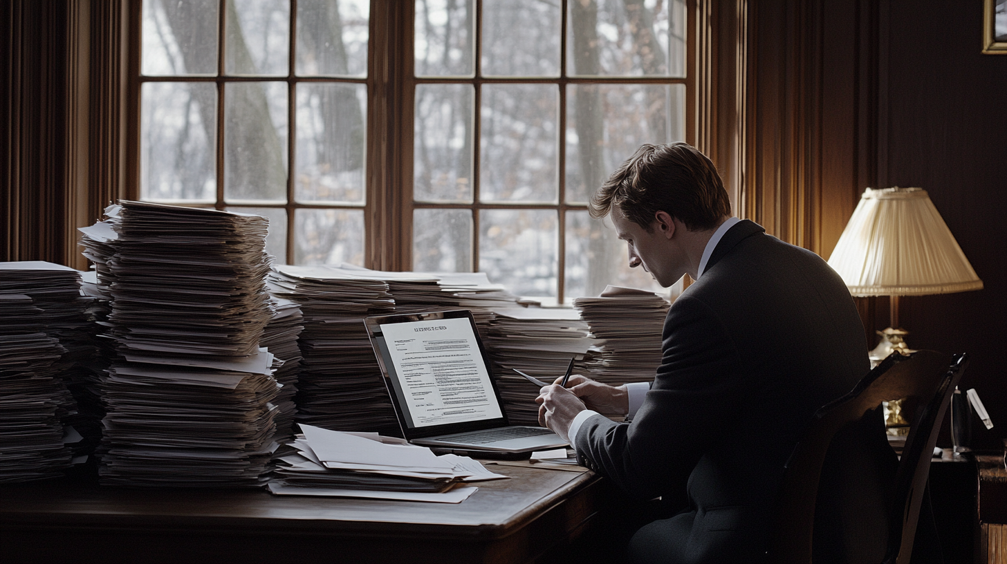 A man in a suit is sitting at a desk cluttered with large stacks of papers. He is focused on a laptop in front of him, holding a pen. The room has a large window with a view of trees outside, and a lamp is on the desk, providing light. The scene suggests a busy office environment.