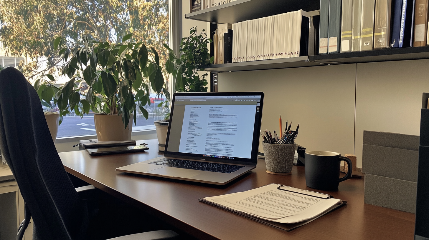 A tidy office desk with a laptop displaying a document. The desk also has a clipboard with papers, a black coffee mug, and a container holding pens and pencils. A large potted plant is near the window, and shelves with books and binders are in the background. Sunlight is streaming in through the window, creating a bright and inviting atmosphere.