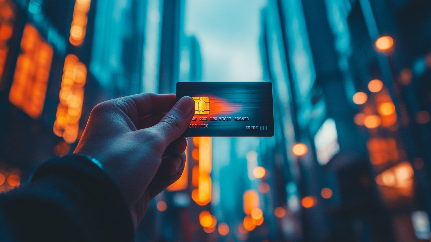 A hand is holding a credit card with a visible chip, set against a blurred cityscape background. The scene is illuminated with blue and orange lights, creating a futuristic and vibrant atmosphere.