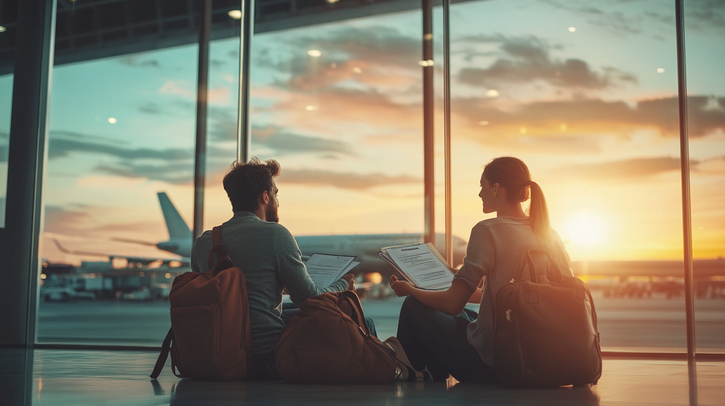 A man and a woman are sitting on the floor of an airport terminal, facing each other. They both have backpacks and are holding documents. Through the large windows behind them, an airplane is visible on the tarmac, and the sun is setting, casting a warm glow over the scene.