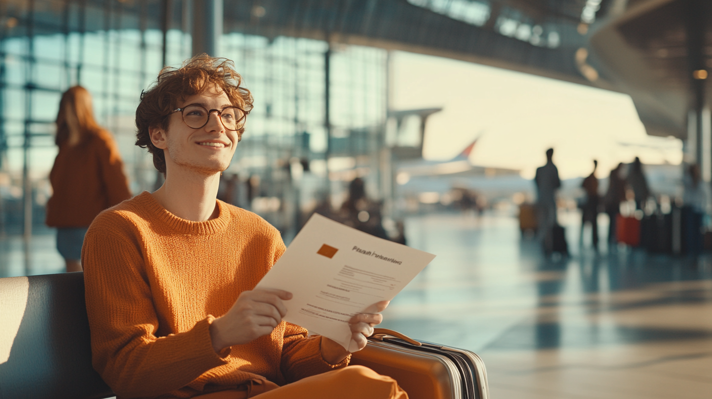 A person with curly hair and glasses is sitting in an airport terminal, smiling while holding a document labeled "Pizzah Interview." They are wearing an orange sweater and have a suitcase beside them. The background shows other travelers and an airplane visible through large windows.