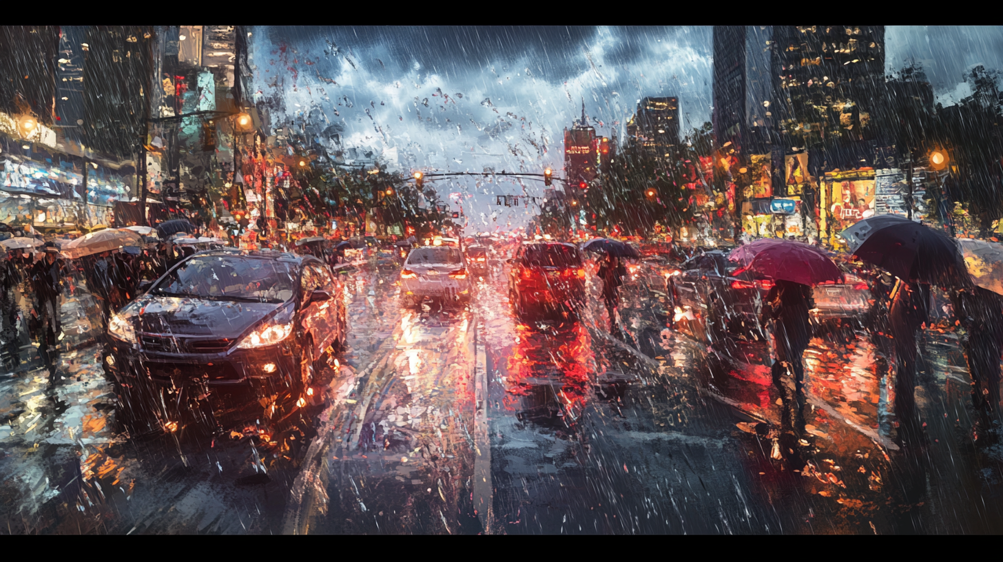 A rainy city street scene at night, with cars and pedestrians. The street is wet, reflecting the bright lights from buildings and traffic signals. People are walking with umbrellas, and the atmosphere is bustling with activity. The sky is overcast, adding to the moody ambiance.