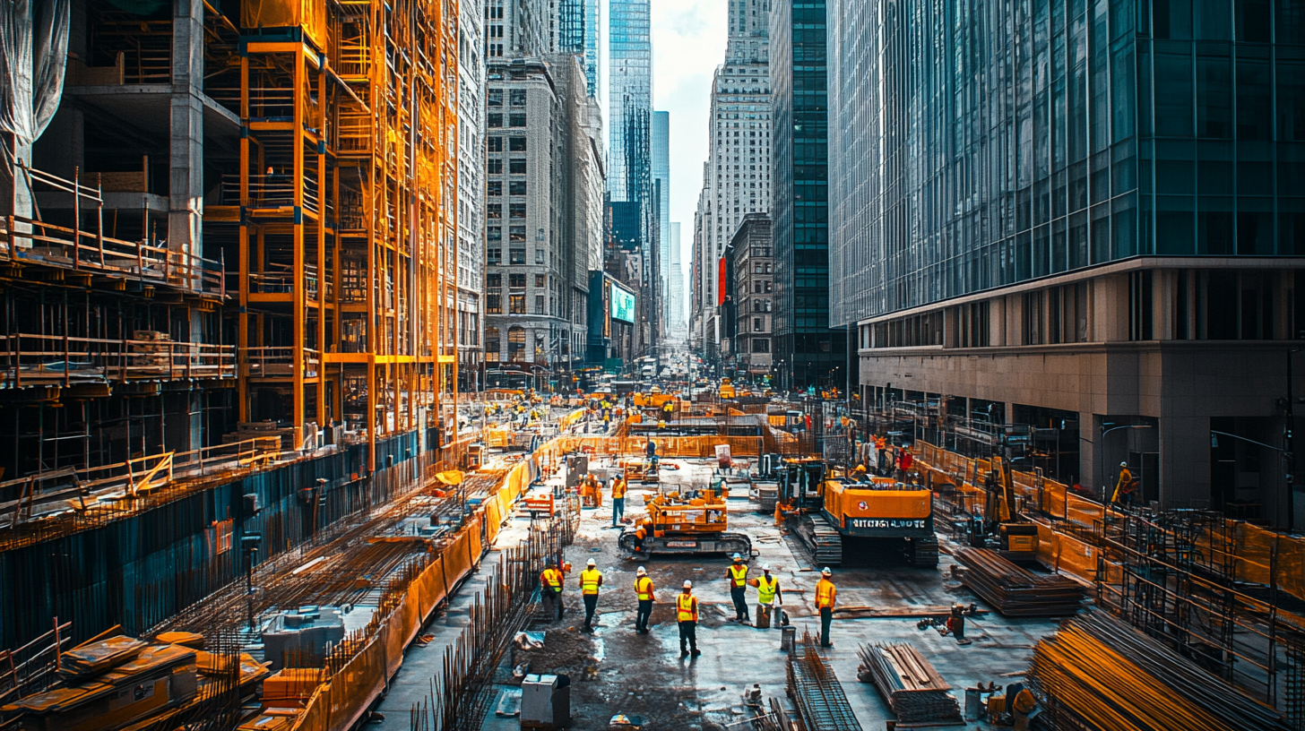 The image shows a busy urban construction site in the middle of a city street, surrounded by tall buildings. Numerous construction workers wearing safety vests and helmets are actively working. There are various construction vehicles and equipment, including cranes and excavators. The scene is bustling with activity, and the buildings in the background create a canyon-like effect.