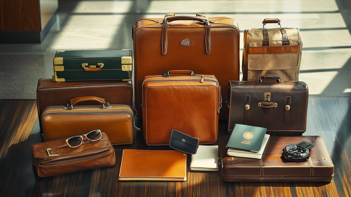 The image shows a collection of vintage-style leather luggage and accessories arranged on a wooden surface. There are various sizes and styles of suitcases and bags, including a green and tan suitcase, several brown leather briefcases, and a tan backpack. In front of the bags, there are additional items such as a pair of sunglasses, a passport, a notebook, and a wristwatch. The scene is well-lit, highlighting the rich textures and colors of the leather.