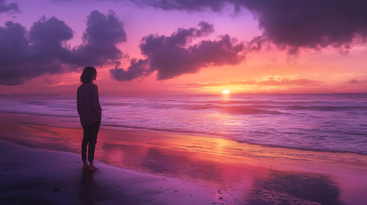 A person stands on a beach at sunset, gazing at the ocean. The sky is filled with vibrant colors of purple, pink, and orange, with clouds scattered across the horizon. The sun is partially visible, casting reflections on the water and wet sand.