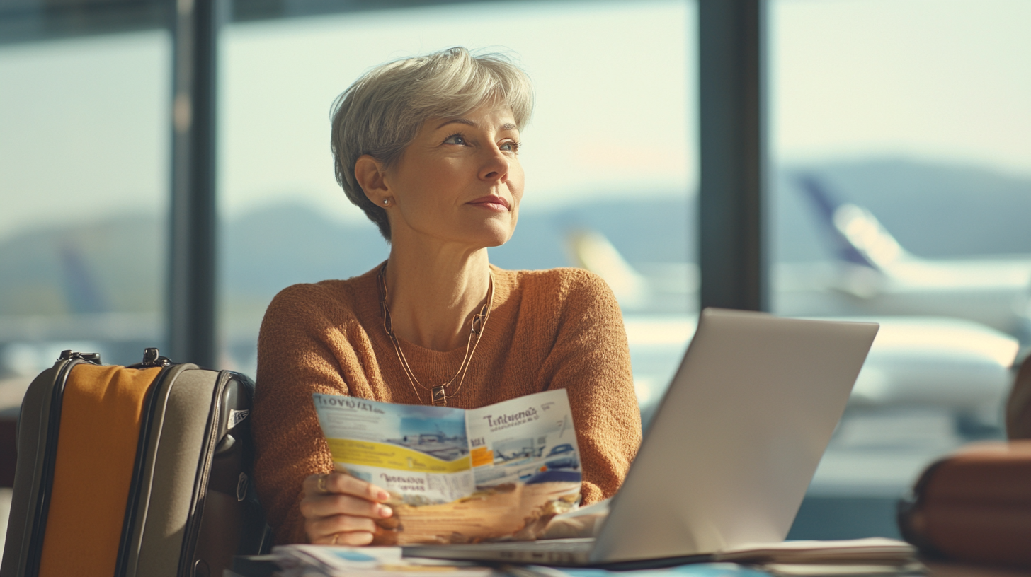 A woman with short gray hair is sitting at an airport terminal, holding a travel brochure. She is wearing a brown sweater and looking thoughtfully out the window. A laptop is open in front of her, and a suitcase is beside her. Airplanes are visible through the large windows in the background.