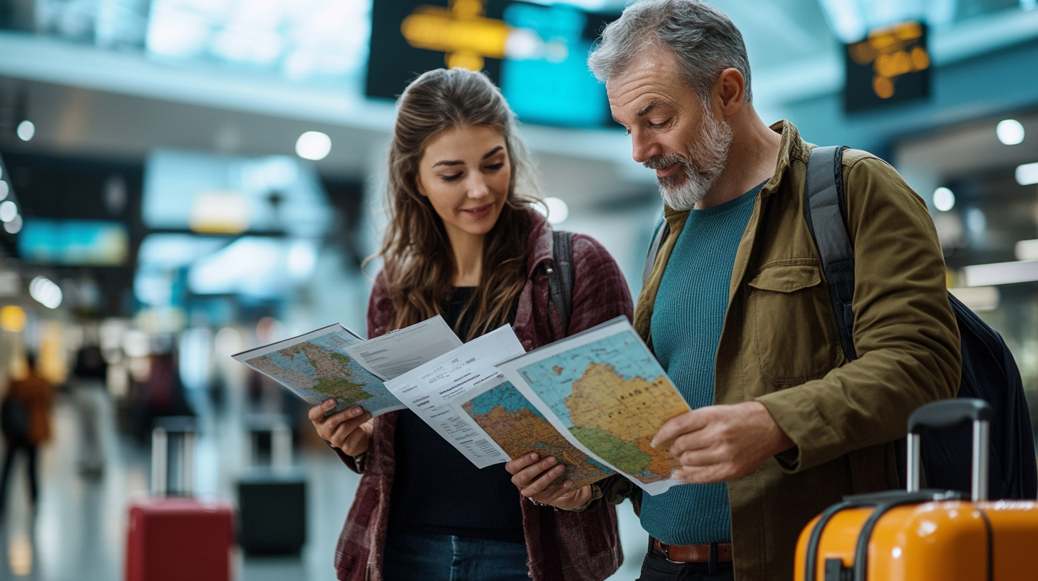 A man and a woman are standing in an airport terminal, looking at maps and travel documents. The man has a backpack and is holding a map, while the woman is also holding a map and smiling. There are suitcases nearby, and blurred signs and people in the background.