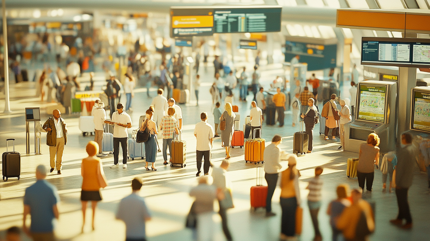 The image shows a busy airport terminal with many people walking and standing around. Some individuals are pulling suitcases, while others are checking information on screens or talking to each other. Overhead, there are large digital displays showing flight information. The scene is well-lit, suggesting it is daytime.