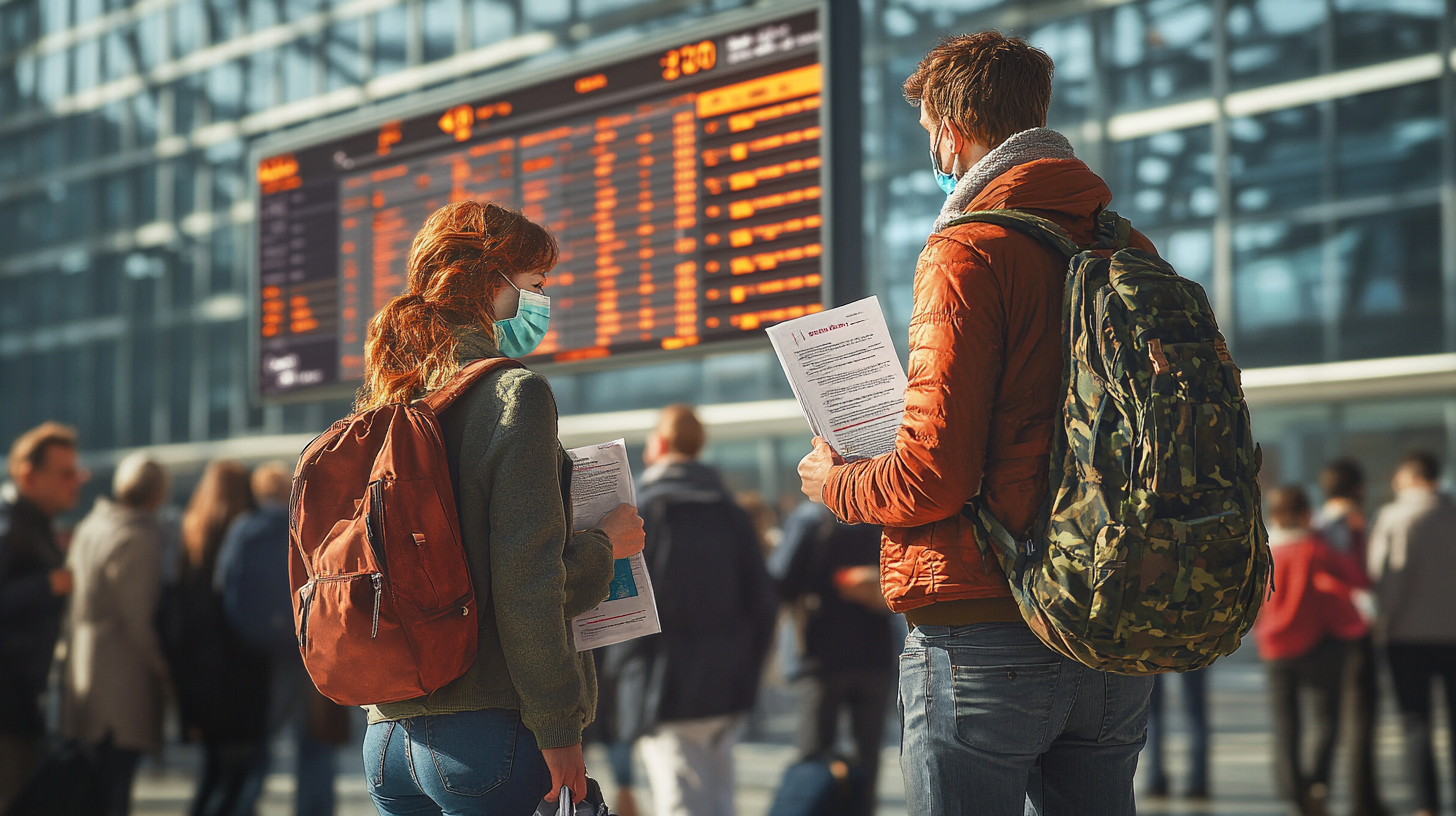 A man and a woman stand in an airport terminal, both wearing face masks and backpacks. They are holding documents and looking at a large digital departure board displaying flight information. The terminal is busy with other travelers in the background.