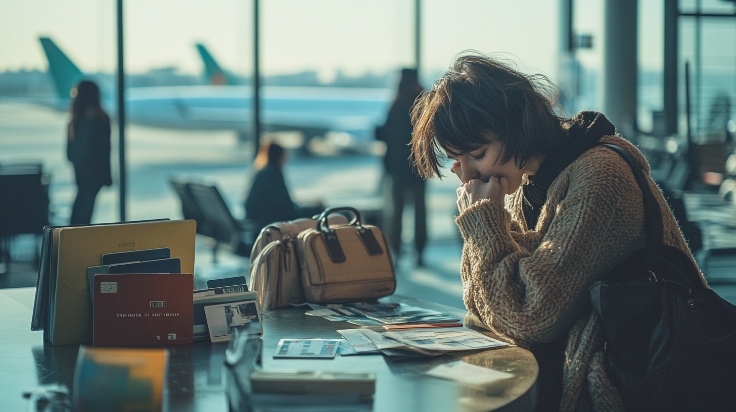 A person is sitting at an airport terminal, looking contemplative. They are wearing a cozy sweater and have a bag on the table in front of them. Various travel documents, including a passport and boarding pass, are spread out on the table. In the background, an airplane is visible through the large windows, and other travelers are seen waiting. The scene is lit by natural light coming through the windows.