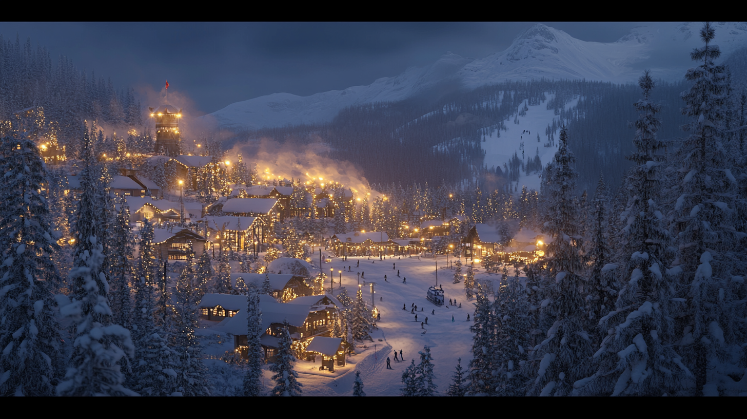 A snowy village at dusk, illuminated by warm lights. The scene features snow-covered trees and buildings, with smoke rising from chimneys. People are skiing and walking in the snow, and a mountain range is visible in the background.