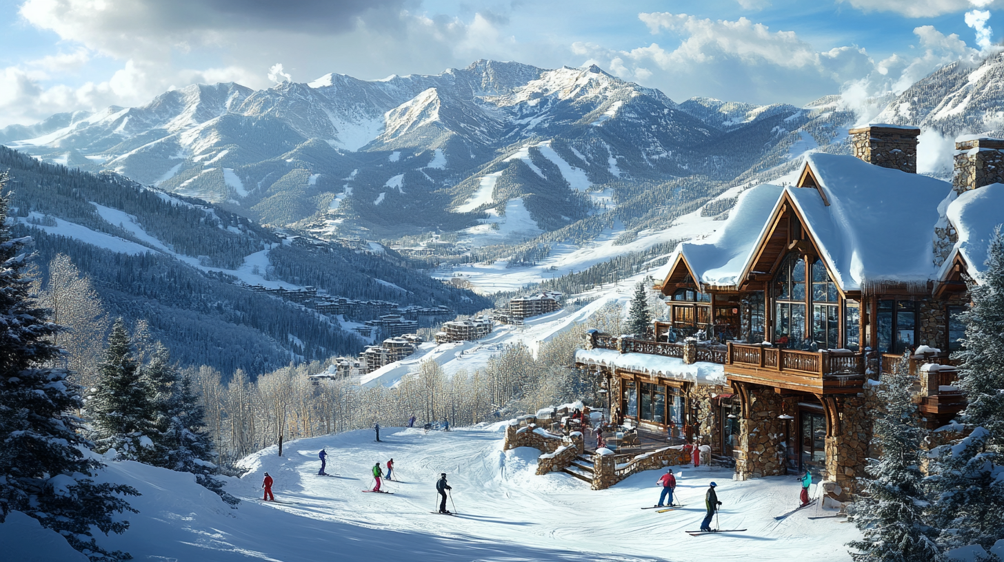 A snowy mountain landscape with skiers on a slope in the foreground. A large, rustic wooden lodge with stone accents is on the right, surrounded by snow-covered trees. The background features majestic mountains under a partly cloudy sky.