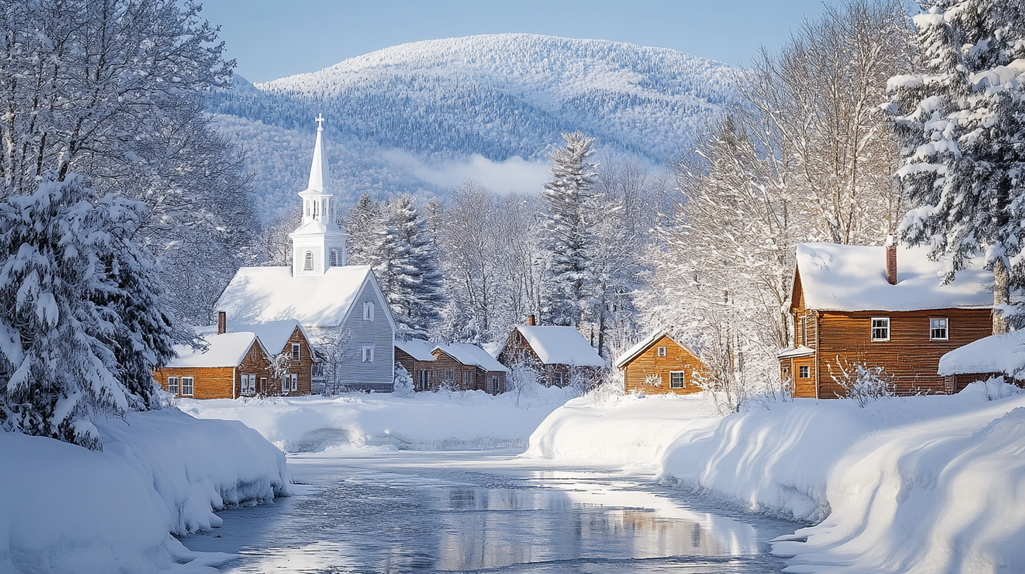 A picturesque winter scene featuring a small village with snow-covered wooden houses and a white church with a steeple. The village is nestled among snow-laden trees, and a partially frozen river runs through the foreground. In the background, a snow-capped mountain rises under a clear blue sky.