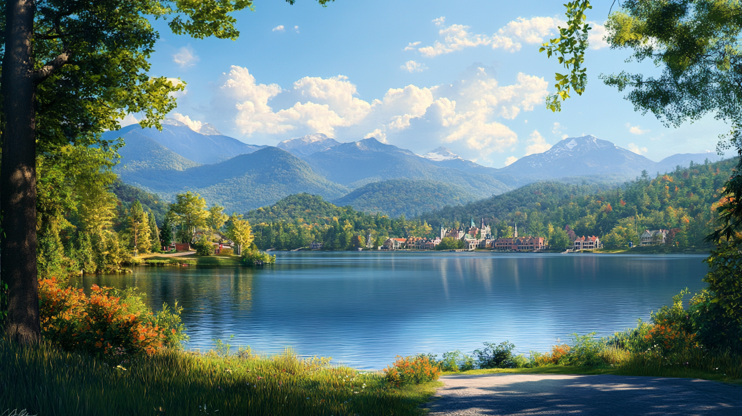 A serene landscape featuring a calm lake surrounded by lush greenery and colorful flowers in the foreground. In the distance, there are rolling hills and majestic mountains under a bright blue sky with fluffy clouds. A quaint village with charming buildings is nestled along the shoreline, adding a picturesque touch to the scene.