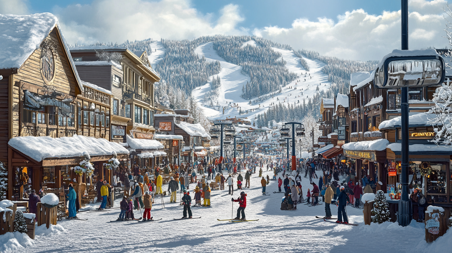 A bustling ski resort village with snow-covered buildings and streets. People are walking and skiing, enjoying the winter atmosphere. In the background, there are ski slopes with skiers and snowboarders, and a chairlift is visible. The scene is lively and festive, with clear blue skies and snow-laden trees.