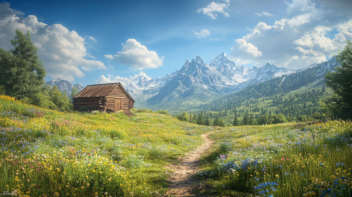 A picturesque landscape featuring a small wooden cabin on a lush, flower-filled meadow. A dirt path leads to the cabin, surrounded by vibrant wildflowers in various colors. In the background, there are majestic, snow-capped mountains under a bright blue sky with fluffy white clouds. Trees frame the scene, adding to the serene and idyllic atmosphere.