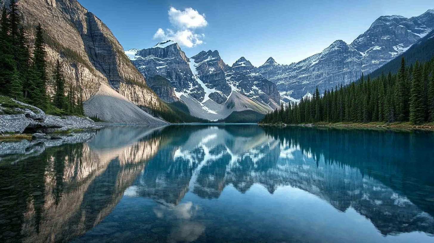 A serene mountain landscape featuring a clear blue lake reflecting the surrounding snow-capped peaks and dense evergreen forests. The sky is clear with a few clouds, and the scene is tranquil and picturesque.