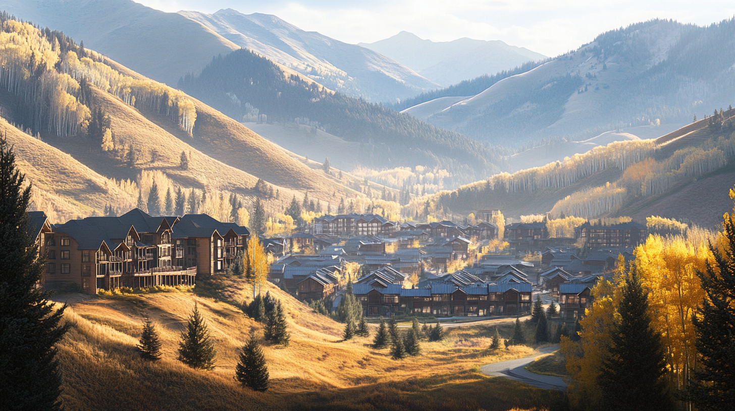 A scenic view of a mountainous landscape during autumn. The image features rolling hills covered with golden and yellow trees, likely aspens, and a cluster of rustic wooden buildings nestled in the valley. The mountains in the background are softly lit by the sun, creating a serene and picturesque atmosphere.