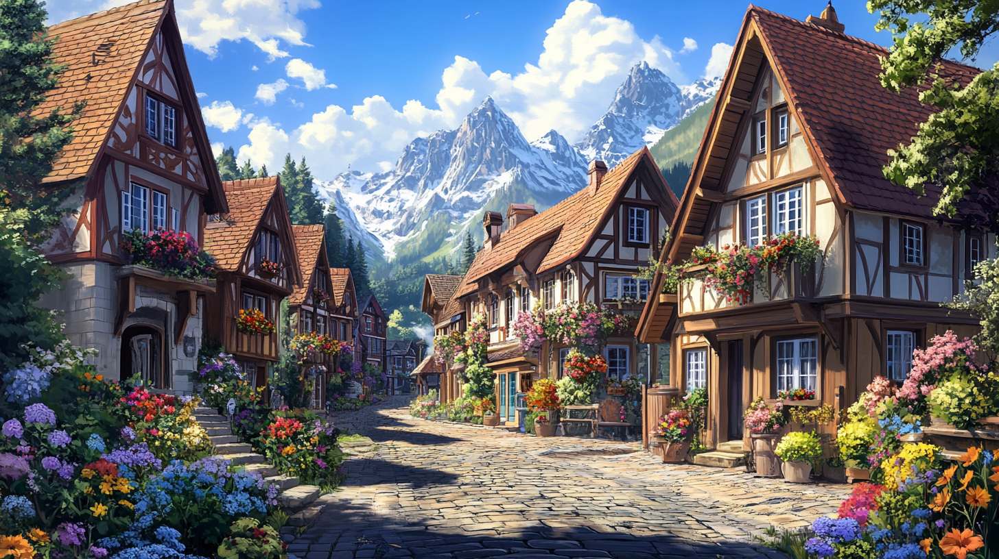 A picturesque village scene with charming, half-timbered houses adorned with colorful flowers. The cobblestone street is lined with vibrant flower beds, and the background features majestic snow-capped mountains under a bright blue sky with fluffy clouds.