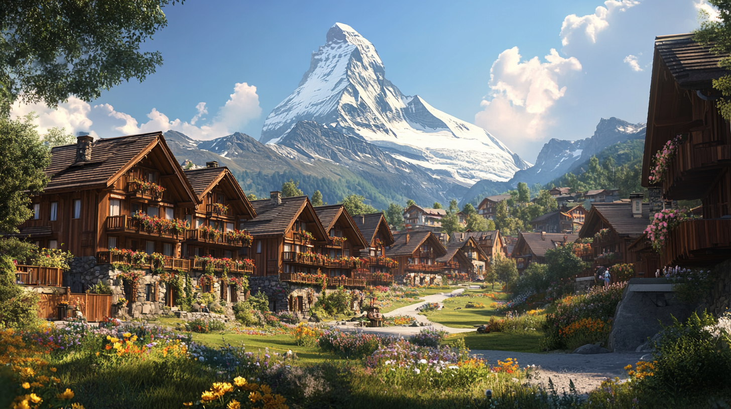 A picturesque alpine village with wooden chalets adorned with colorful flowers. In the background, a majestic snow-capped mountain rises against a clear blue sky. The foreground features a lush meadow with vibrant wildflowers and a winding path.