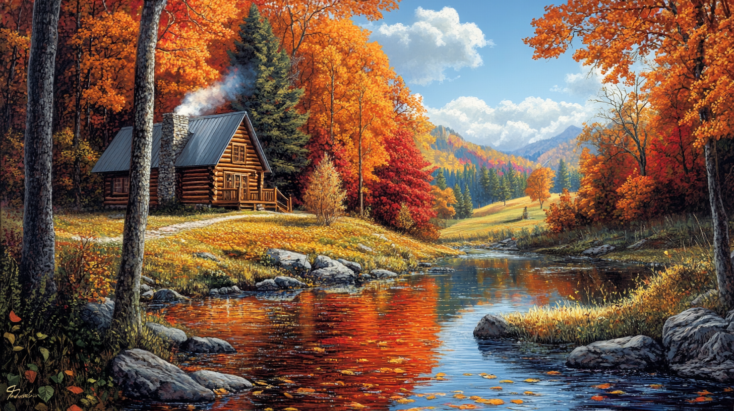 A cozy log cabin with smoke rising from its chimney is nestled among vibrant autumn trees with orange, red, and yellow leaves. The cabin is situated near a calm river reflecting the colorful foliage. In the background, rolling hills and mountains are visible under a partly cloudy sky. The scene conveys a peaceful, picturesque autumn landscape.