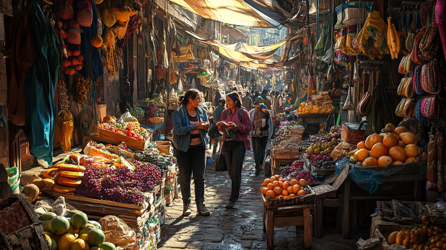 A bustling market scene with two people walking and talking in the center. The market is filled with colorful fruits and vegetables displayed on wooden stalls. Various goods hang from the stalls, and the area is covered with fabric canopies, creating a vibrant and lively atmosphere. Sunlight filters through, casting warm light on the scene.