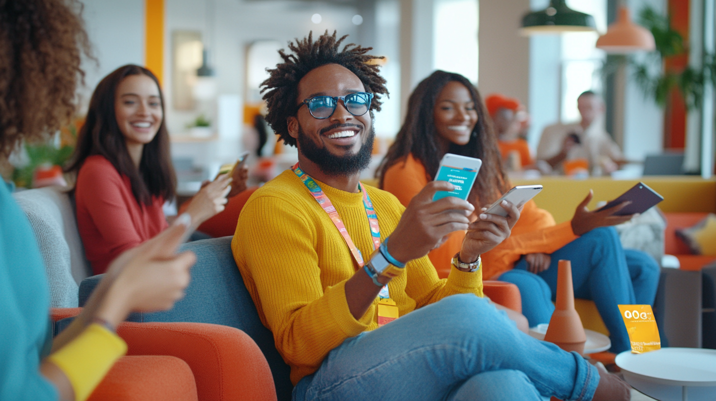 A group of people sitting on colorful couches in a modern, bright room. They are smiling and holding smartphones and a tablet, appearing to enjoy a social or collaborative activity. The atmosphere is casual and friendly, with vibrant decor and natural light.