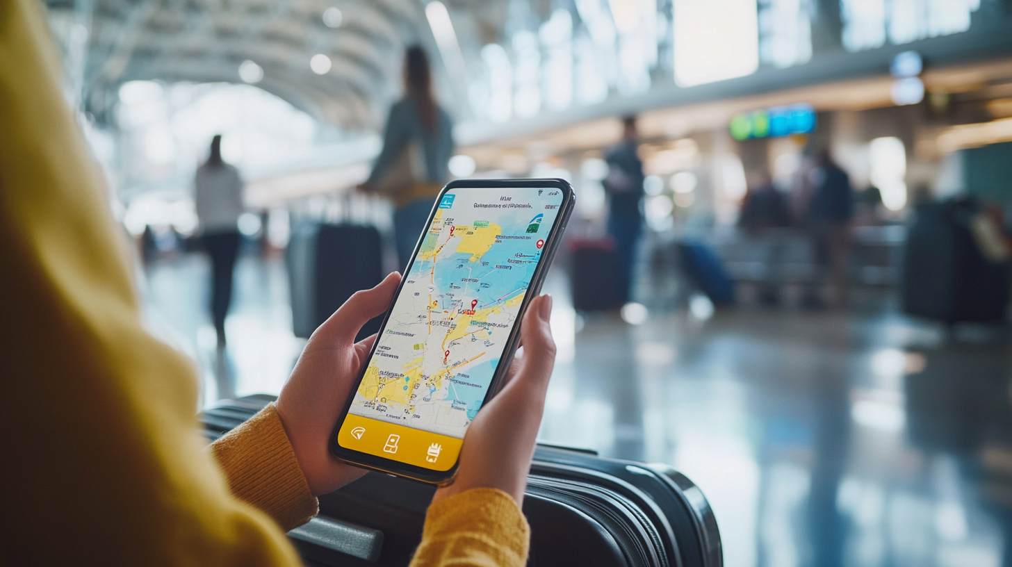 A person is holding a smartphone displaying a map application, with a focus on the screen. The background shows a blurred airport terminal with people and luggage, suggesting a travel setting.