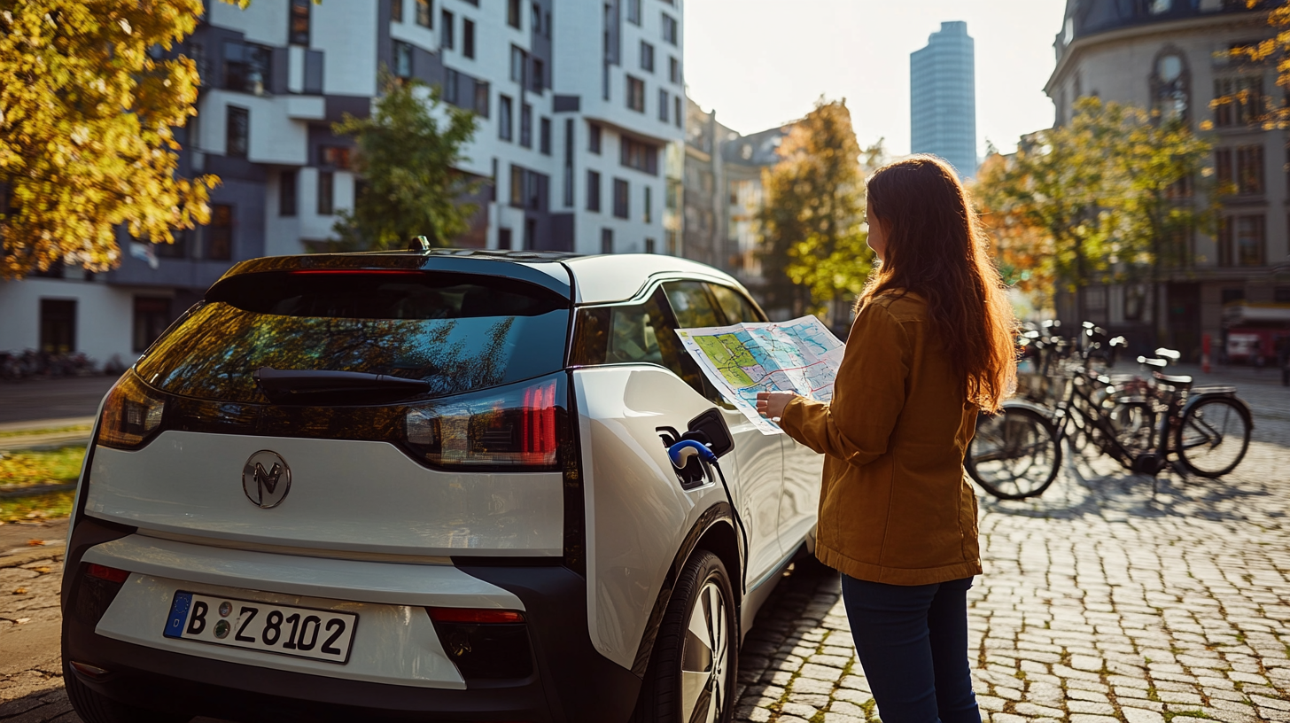 A woman stands next to an electric car that is charging, holding a map. The scene is set in an urban area with modern buildings and bicycles parked nearby. The sun is shining, and the trees have autumn foliage.