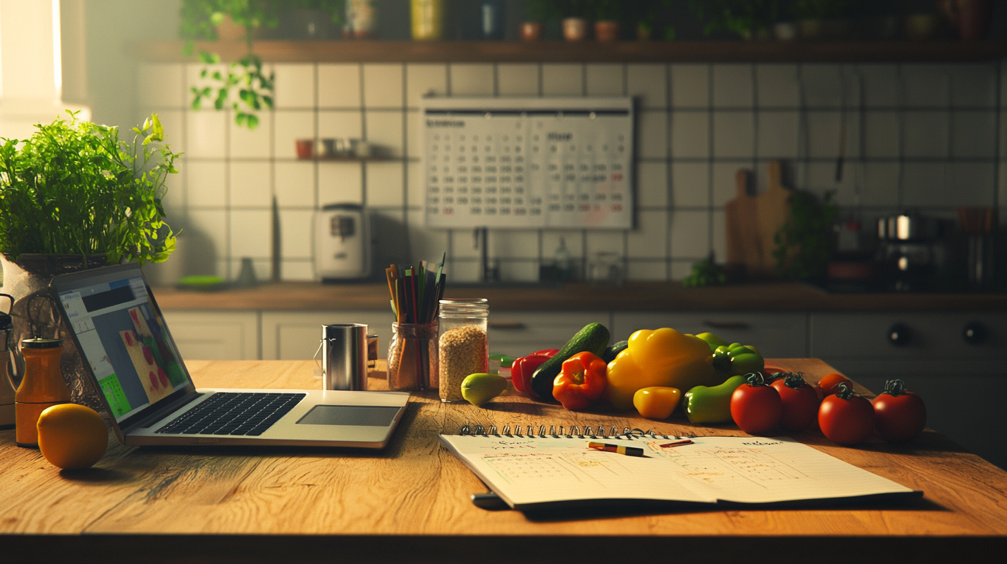 A cozy kitchen scene with a wooden table featuring a laptop, a jar of grains, colored pencils in a holder, and an open planner. Fresh vegetables, including bell peppers, tomatoes, and zucchini, are spread across the table. In the background, there are kitchen shelves with plants and a calendar on the wall. The lighting is warm and inviting.